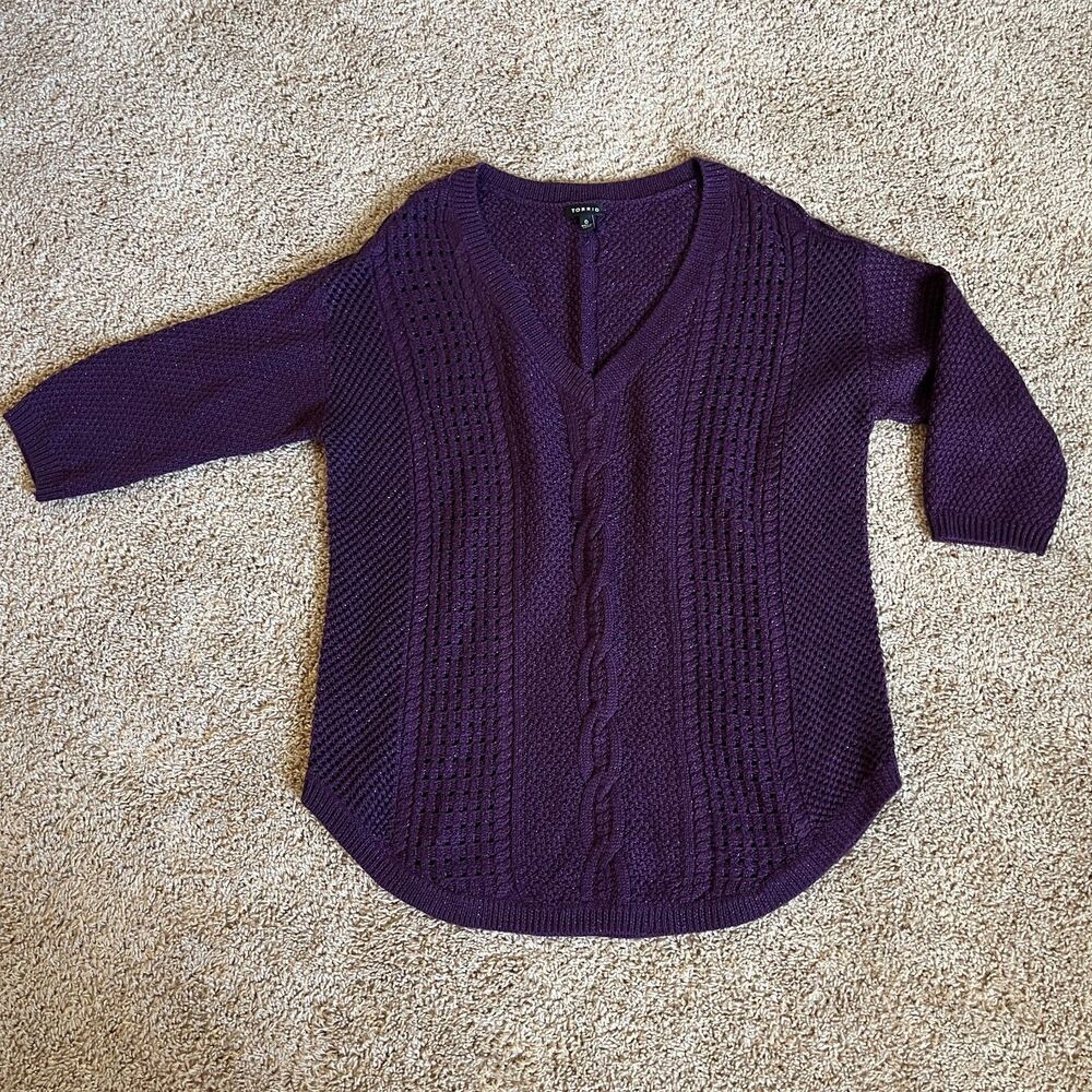 Torrid Sweater Womens L Purple Metallic Wool Blend Knit Cable V-Neck 3/4 Sleeve
